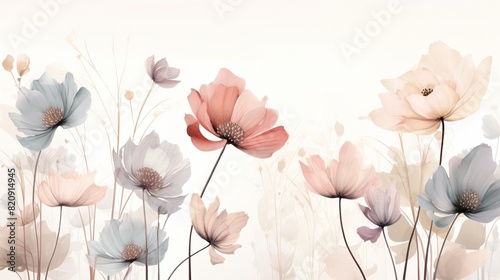 The image is a watercolor painting of a field of flowers