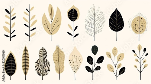 Set of minimal abstract leaves and branches. Hand drawn vector illustration.