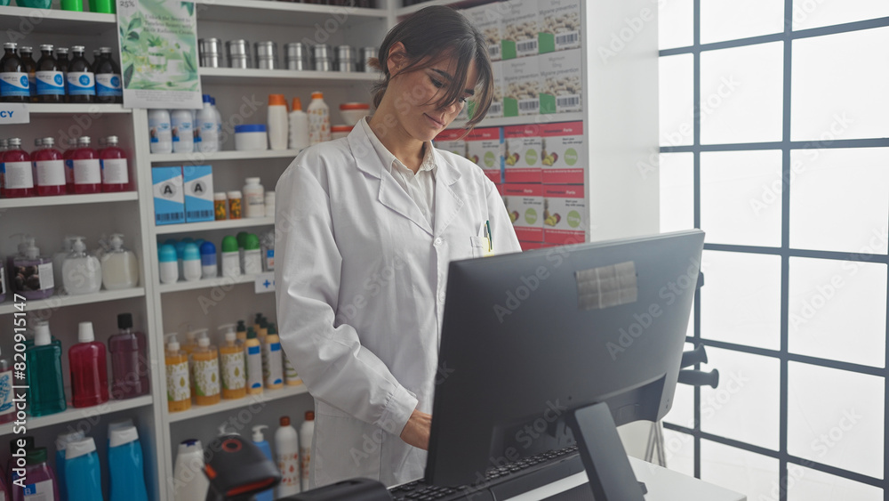 A focused woman pharmacist reviews information on a computer in a modern, well-stocked pharmacy. A focused woman pharmacist reviews information on a computer in a modern, well-stocked pharmacy.