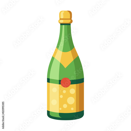 A green champagne bottle with yellow label on white background