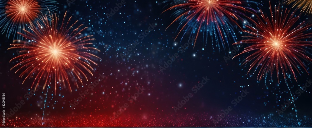 abstract Red, gold and blue glitter background with fireworks. Christmas eve, 4th of July holiday concept abstract Red, gold and blue glitter background with fireworks. Christmas eve, 4th of July holiday concept