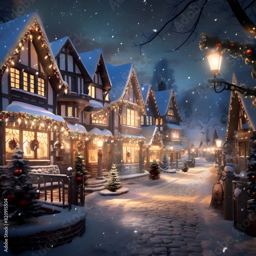 Digital painting of christmas village at night with christmas lights.