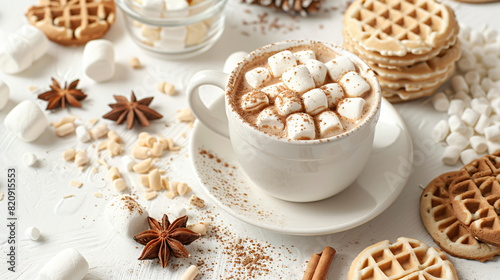 Cup of hot cocoa with marshmallows sweet waffle 
