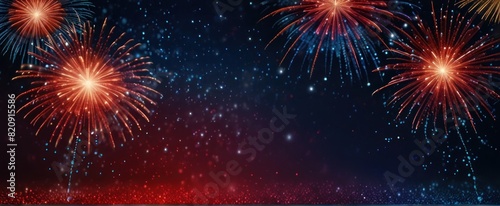 abstract Red  gold and blue glitter background with fireworks. Christmas eve  4th of July holiday concept