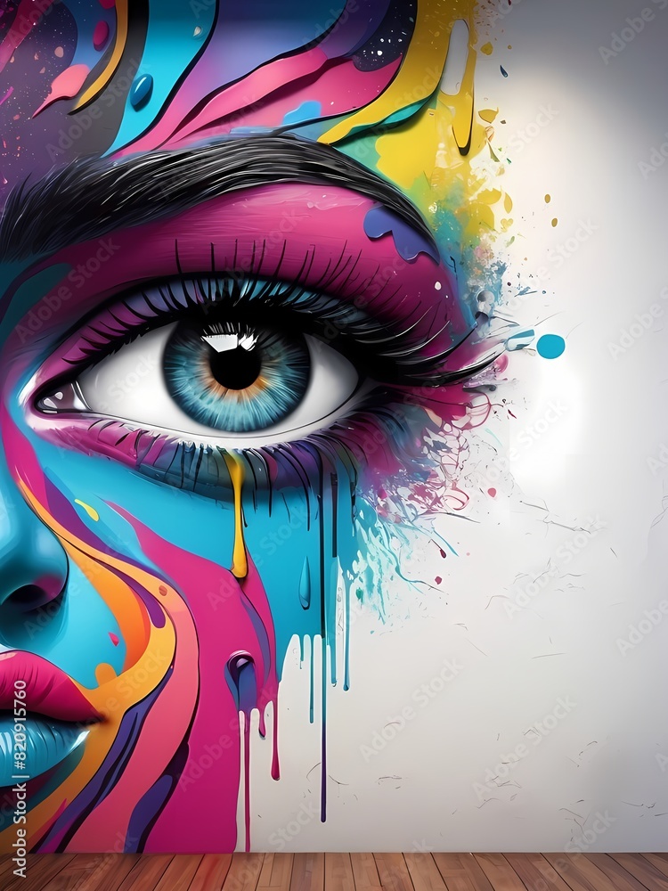 Background wall of gravity with the face of a one-eyed girl, colorful street art on the side of the road, purple, orange, red, pink 