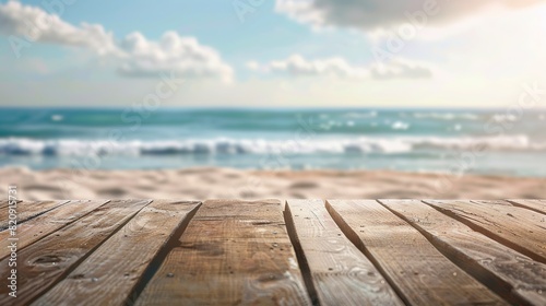 Product background for montage, empty wooden surface with blurred sea beach on the background
