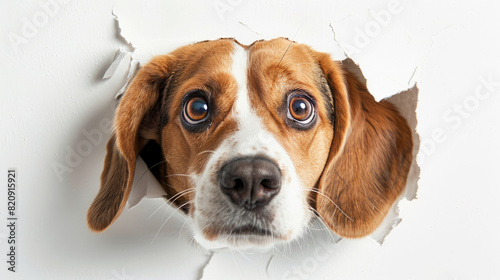 Adorable Brown Beagle dog sticking his head out of hole in white paper isolated on plain white background