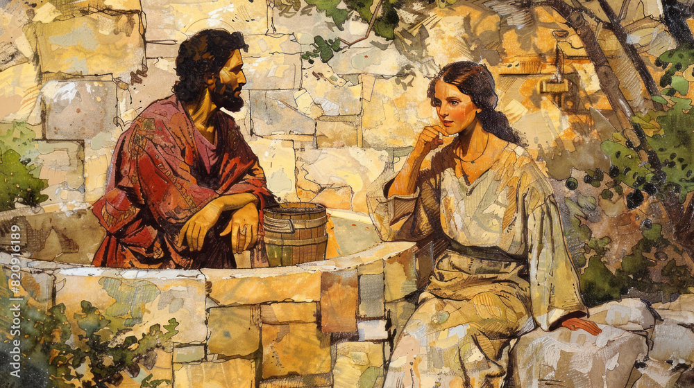 Jesus and the Samaritan woman at the well, illustrated in warm ...