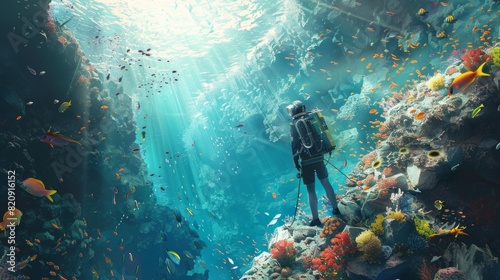 Detailed view of an engineer inspecting fiber optic cables with marine life swimming in the background photo
