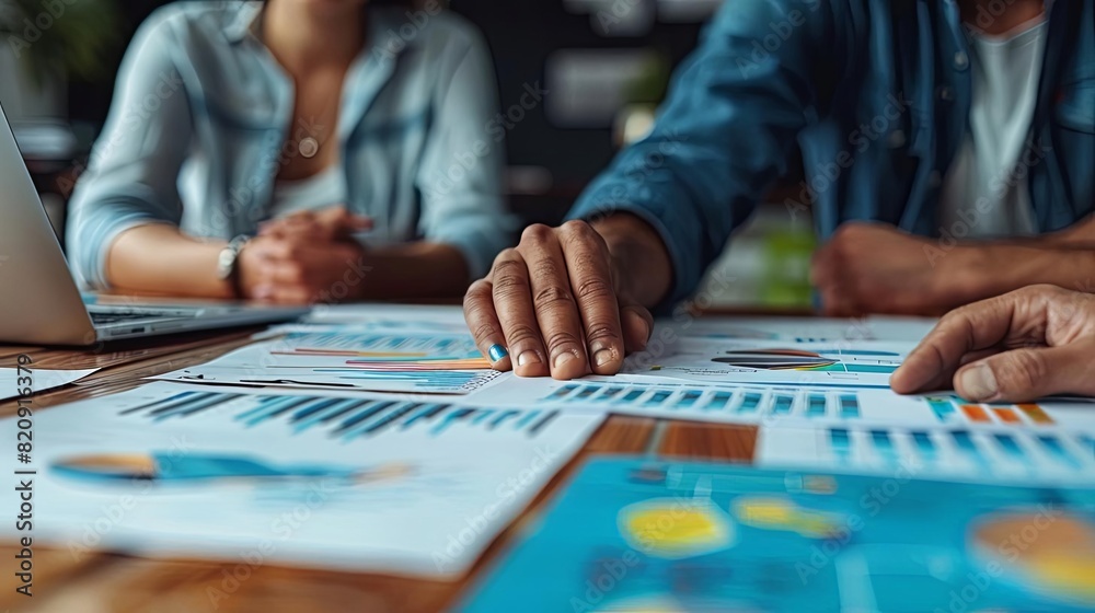 Business meeting with colleagues analyzing financial graphs and charts, focusing on hands pointing at documents on a desk. Business meeting with colleagues analyzing financial graphs and charts, focusing on hands pointing at documents on a desk.