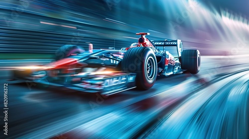 Racing car at high speed. Racer on a racing car passes the track. Motor sports competitive team racing. Motion blur background photo