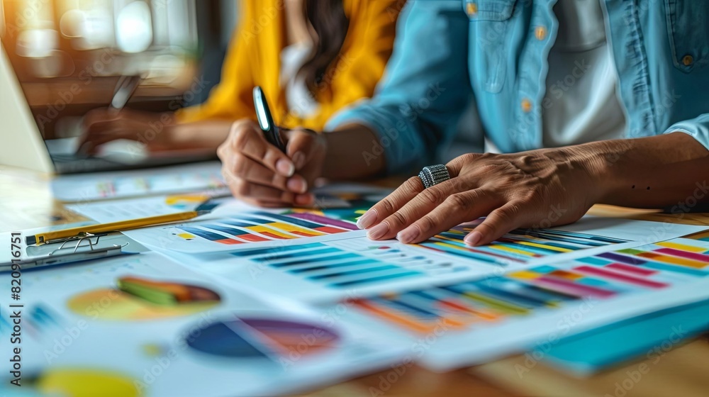 Obraz premium Business professionals analyzing colorful financial charts and graphs, discussing data-driven decisions in a modern office setting.