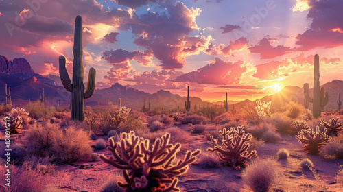 Peaceful desert landscape at sunset with cacti and mountains. photo