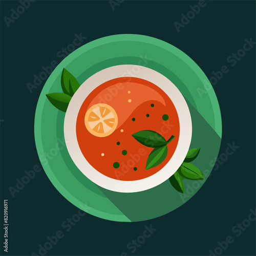 Bowl of soup with lemon slice and leaves on green plate served as meal