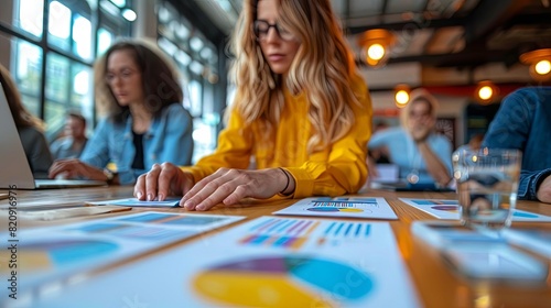 Business team analyzing data charts together in a modern office, collaborating on a project, teamwork and productivity concept.