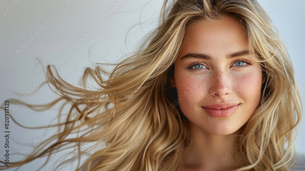 Fototapeta premium beauty blonde caucasian glamour woman with smiling face, blue eyes and long golden flowing hair isolated on white background