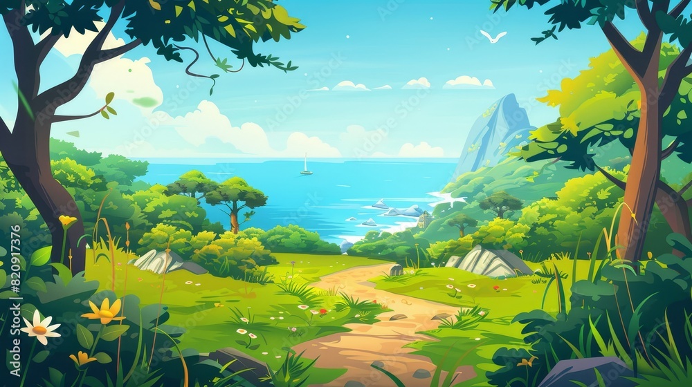 An illustration of a forest path and sea view in the summer. Switzerland nature scenery with a distant ocean and flowers in a peaceful valley environment with flowering grasses and flowers. An illustration of a forest path and sea view in the summer. Switzerland nature scenery with a distant ocean and flowers in a peaceful valley environment with flowering grasses and flowers.
