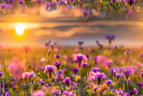 beautiful panorama rural landscape with sunrise and blossoming meadow purple flowers flowering on spring field phacelia AI