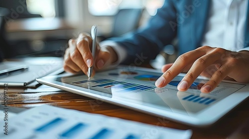 Close-up of a business professional analyzing financial data on a digital tablet, surrounded by charts and documents on a wooden desk.