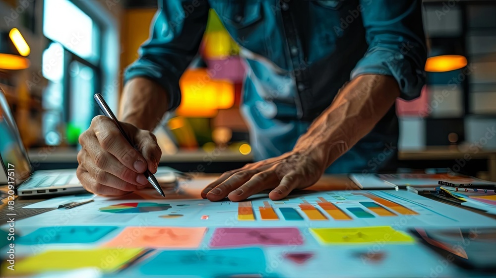 Close-up of a person's hand sketching on a colorful chart at a creative workspace with warm lighting and modern interiors.