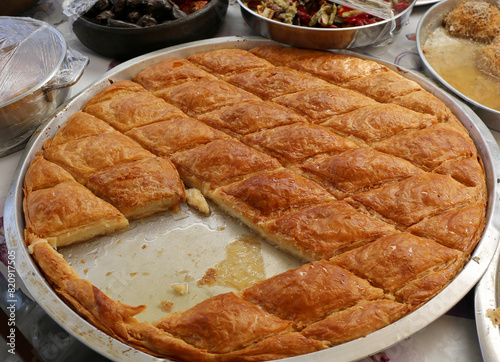 Delicious Tray of Homemade Baklava for Sale at Market in Sigacik, Turkey