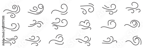 Doodle wind line sketch set. Hand drawn doodle wind motion, air blow, swirl elements. Sketch drawn air blow motion, smoke flow art, abstract line. Isolated on white background . vector illustration. 