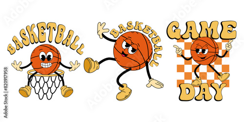 Groovy character basketball. Set basketball ball with inscription cartoon trendy retro style. Basketball sticker. Doodle comic illustration basketball.	
