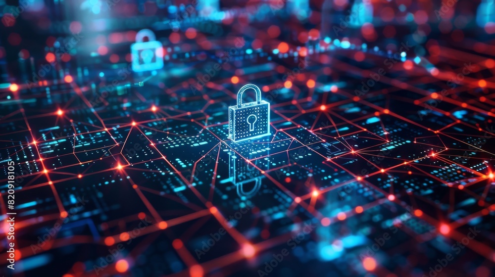 Double exposure of a blockchain network overlaid with a digital padlock and cybersecurity matrix Double exposure of a blockchain network overlaid with a digital padlock and cybersecurity matrix