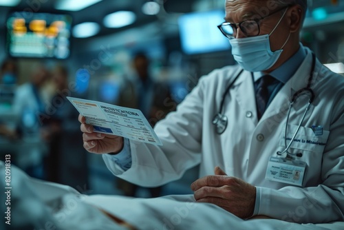 Doctor wearing a mask and glasses examining medical records in a hospital