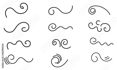 Doodle wind line sketch set. Hand drawn doodle wind motion, air blow, swirl elements. Sketch drawn air blow motion, smoke flow art, abstract line. Isolated on white background . vector illustration. 