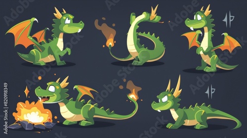 Fantasy dragon for game design. Cartoon fairy green reptile breathes fire and smoke. Modern illustration set of mythical magic creature with wings, horns, and tail.