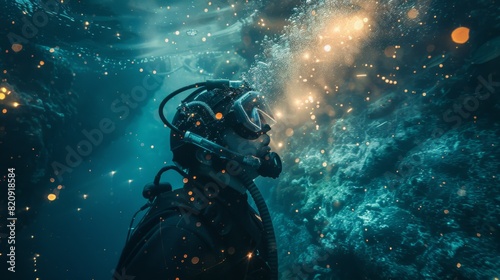 engineer laying fiber optic cables underwater, with marine life in the background
