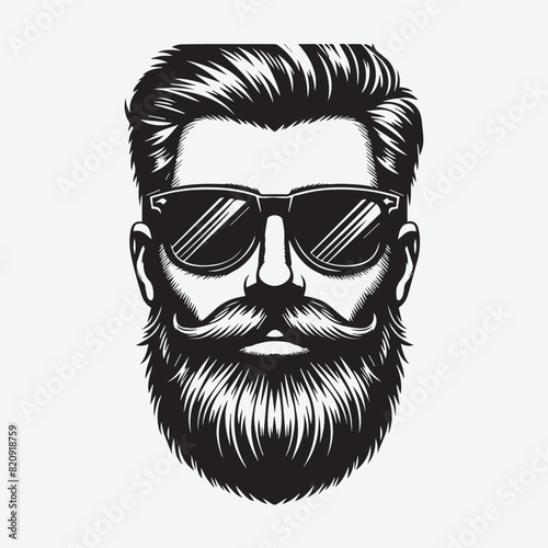 Front view of Man face in Beard, Sunglasses Fashionable hair vector illustration silhouette