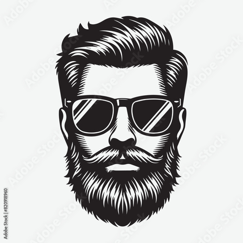 Front view of Man face in Beard  Sunglasses Fashionable hair vector illustration silhouette