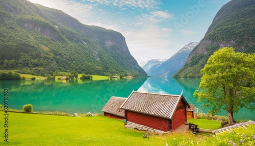 beautiful nature norway natural landscape lovatnet lake lodal valley photo