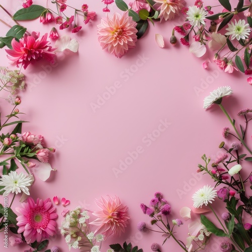 Beautiful delicate flowers on a pink background. Abstract layout of a color frame with space for text. An invitation to a wedding. The concept of International Women s Day  Mother s Day.