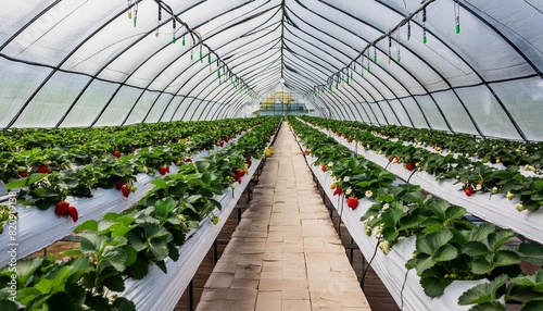 a greenhouse filled with rows of strawberries