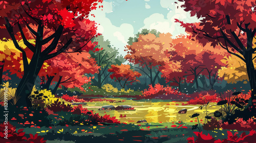 Vibrant autumn colors transform a serene forest into a stunning spectacle.