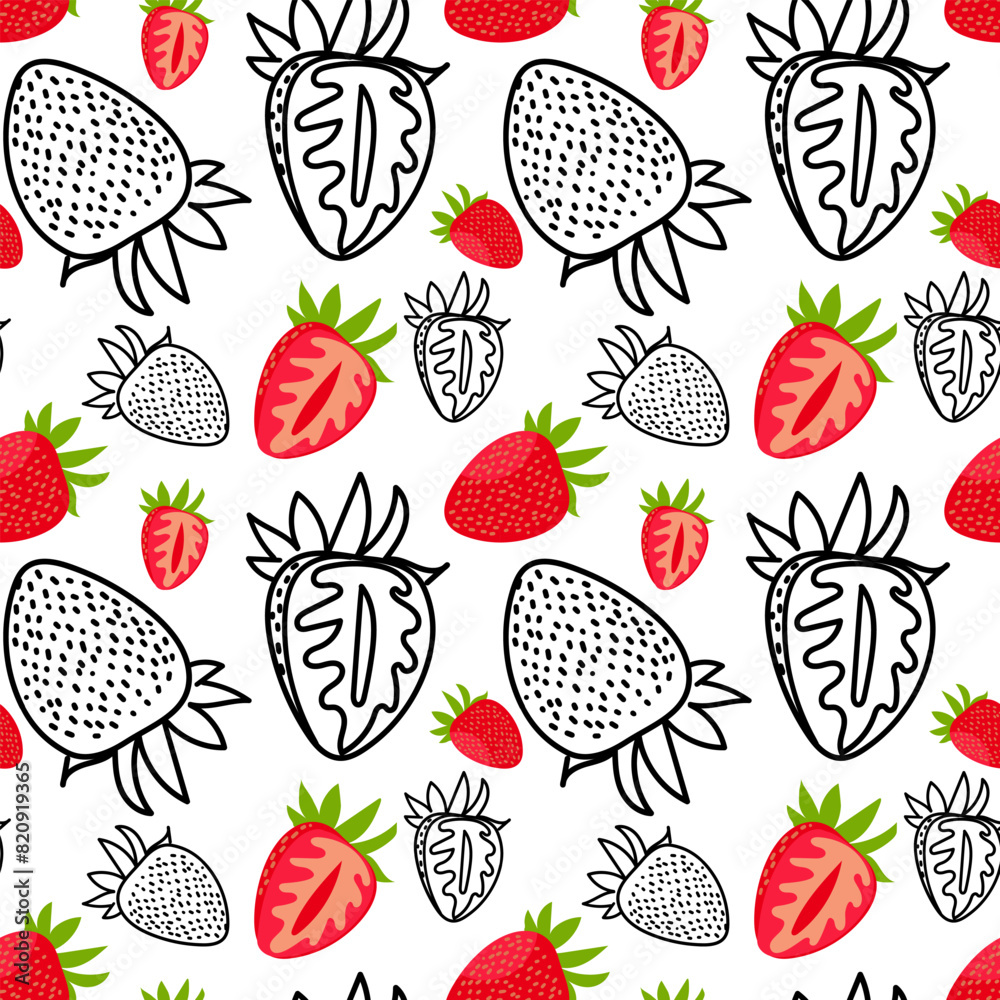 Pattern of whole strawberries and their sections and a contour separately. Bright red color of fresh berries with green leaves. Texture for freshness, color and natural beauty for any design project Pattern of whole strawberries and their sections and a contour separately. Bright red color of fresh berries with green leaves. Texture for freshness, color and natural beauty for any design project