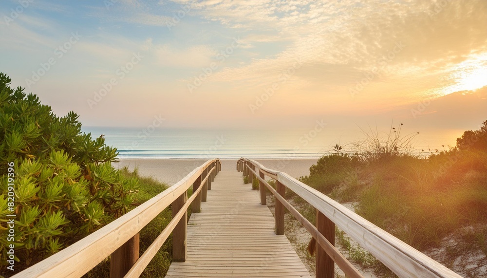 boardwalk leading to the beach at sunrise