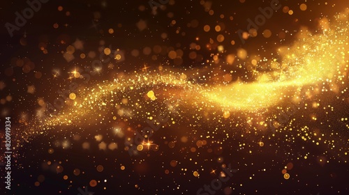 An abstract swirl texture with golden fairy glow and stardust. Shiny luxury yellow tail with bright particles. A comet falling twirl in shining gold glitter dust.
