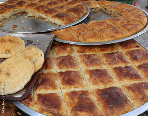 Trays of Homemade Boreks and pastries for Sale at Market in Sigacik, Izmir, Turkey