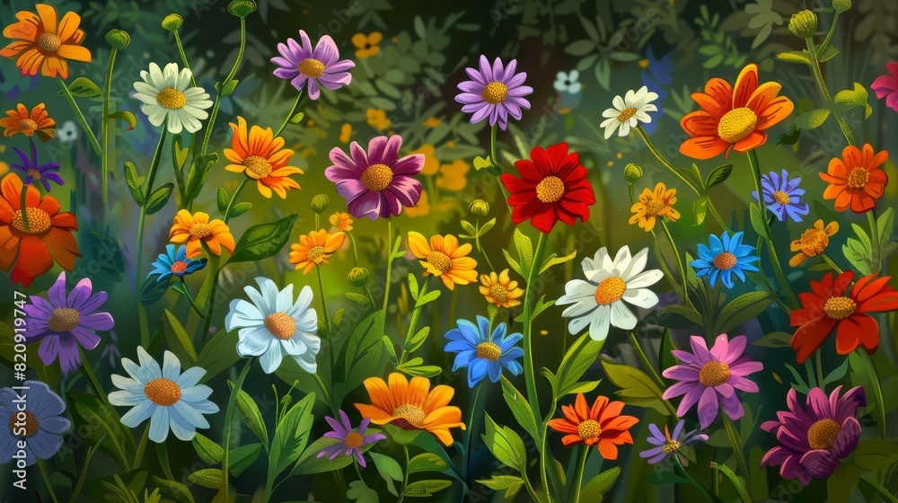 Enchanted garden where flowers magically shift colors hourly. Enchanted garden where flowers magically shift colors hourly.