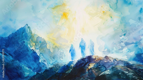 The Transfiguration of Jesus on the mountain, captured in radiant watercolor glows and ethereal light.
