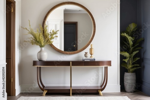 Contemporary Foyer Design With Wooden Console Table And Gold Framed Circular Mirror