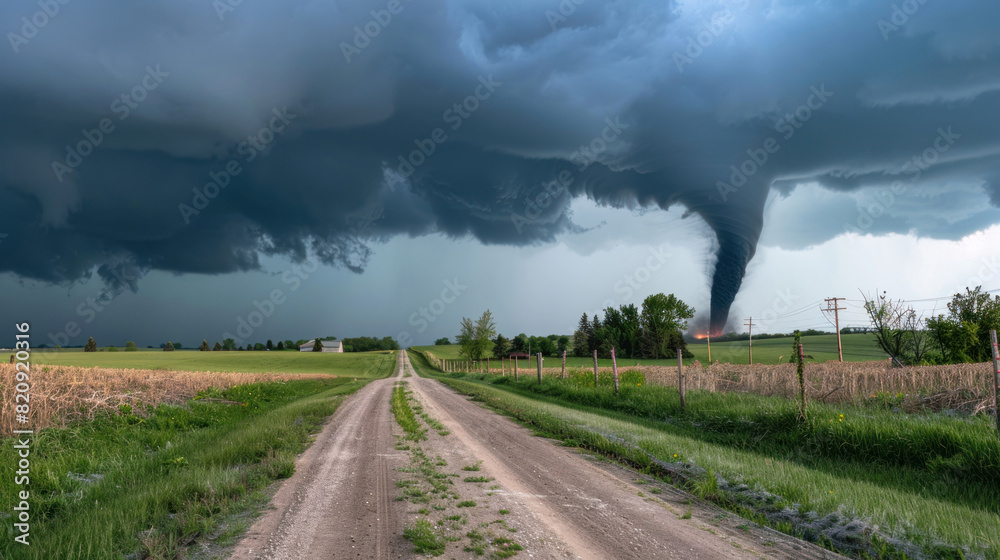 Tornado touching down in a rural area, intensified by changing climate patterns.