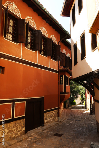 Beautiful cobble stone street in the old town of Plovdiv, Plowdiw, the Balabanov House can be seen on the left, Bulgaria photo