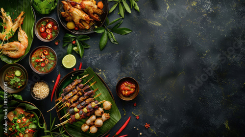 Traditional Thai food on dark background. Oriental food concept. Top view  flat lay  panorama.