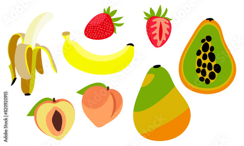 Fototapeta Naklejka Na Ścianę i Meble -  A set of whole and sliced fruits and berries, juicy bright colors. A variety of tropical fruits, strawberries, banana, peach, papaya. For packaging, posters or branding materials. Isolated vector