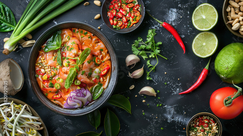 Traditional Thai food on dark background. Oriental food concept. Top view, flat lay, panorama.